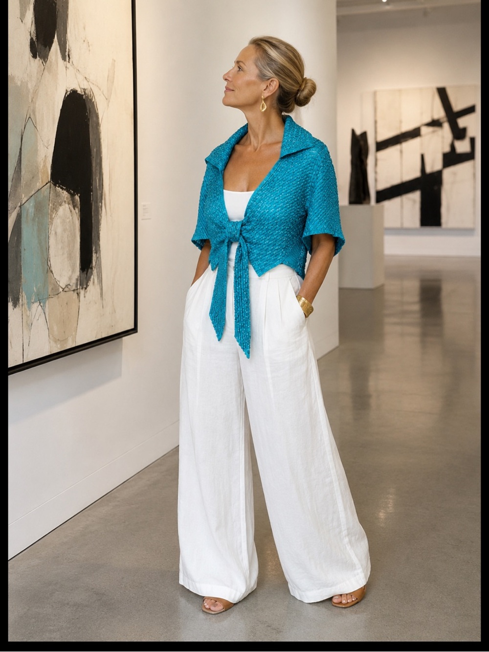 CandissCole Wearable Art Textured Tie Front Jacket Wrap Top Turquoise Sculptural